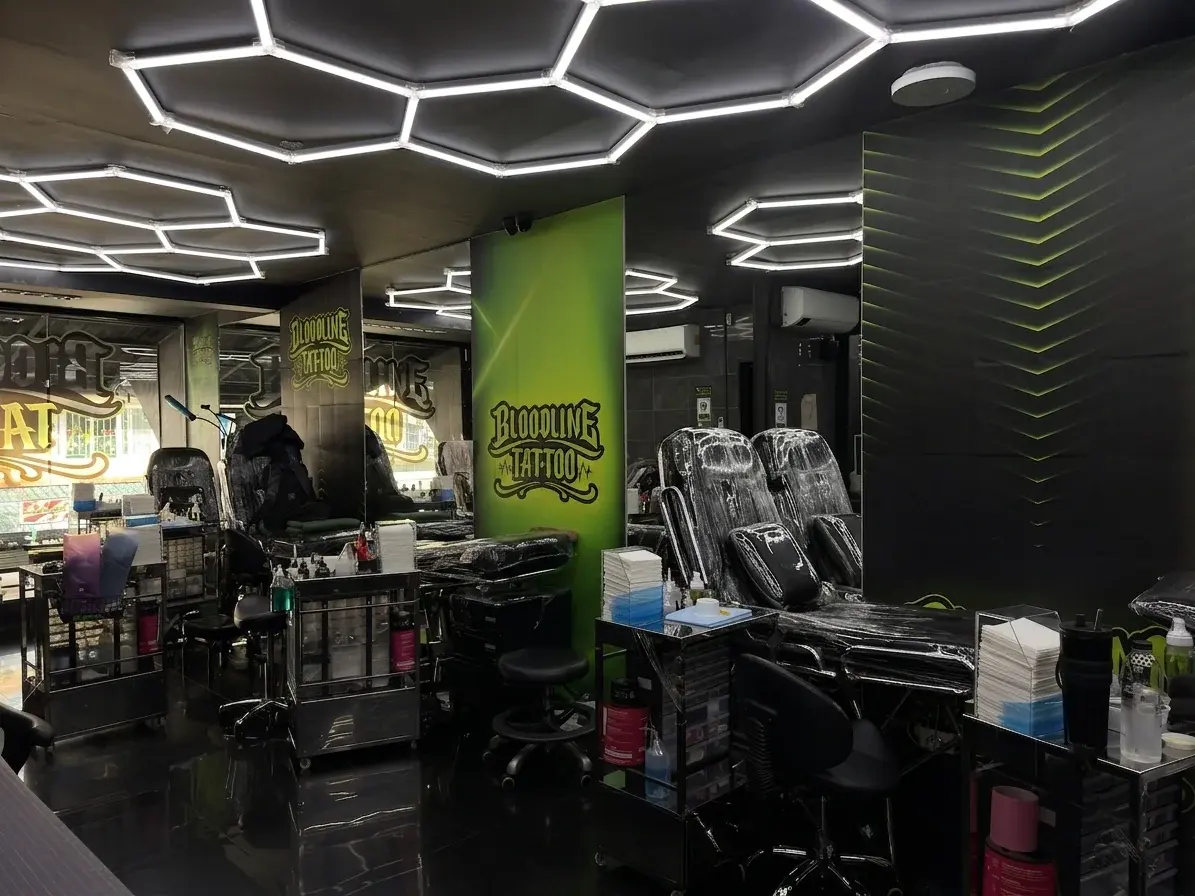 Bloodline Tattoo Phuket studio floor showing multiple clean workstations and equipment