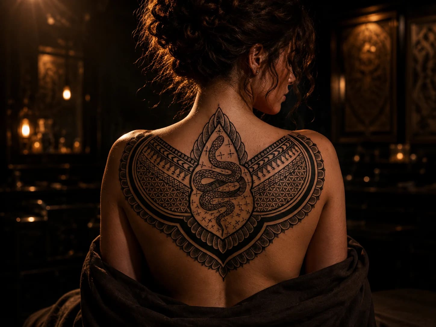 Black and grey realism angel full back tattoo with cathedral columns in a cinematic studio at Bloodline Tattoo Phuket