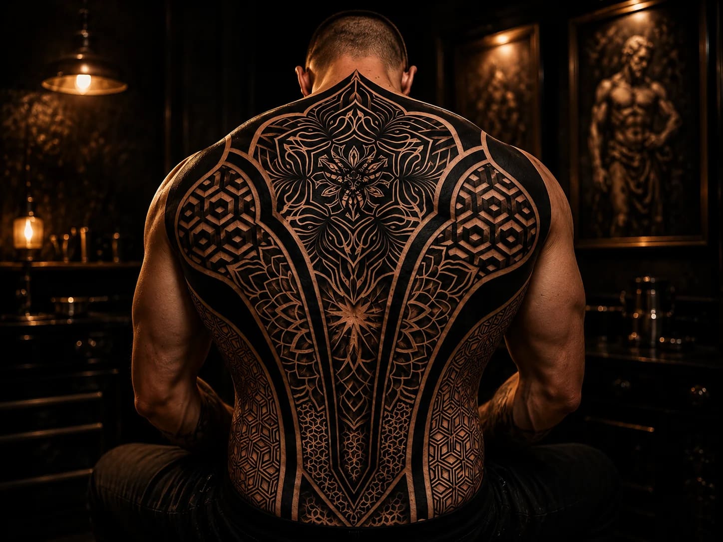 Black and grey realism angel back tattoo with sword, roses, and classical columns at Bloodline Tattoo Phuket