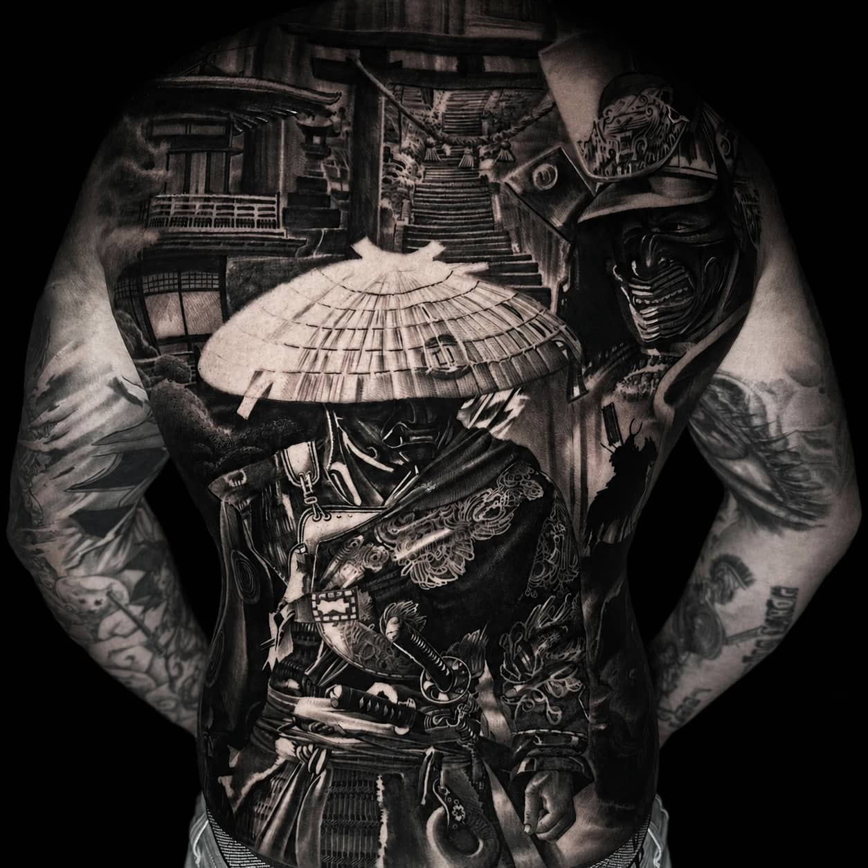 Japanese full-back kabuto with dragon crest, menpo, bushido kanji, and shoulder dragons at Bloodline Tattoo Phuket