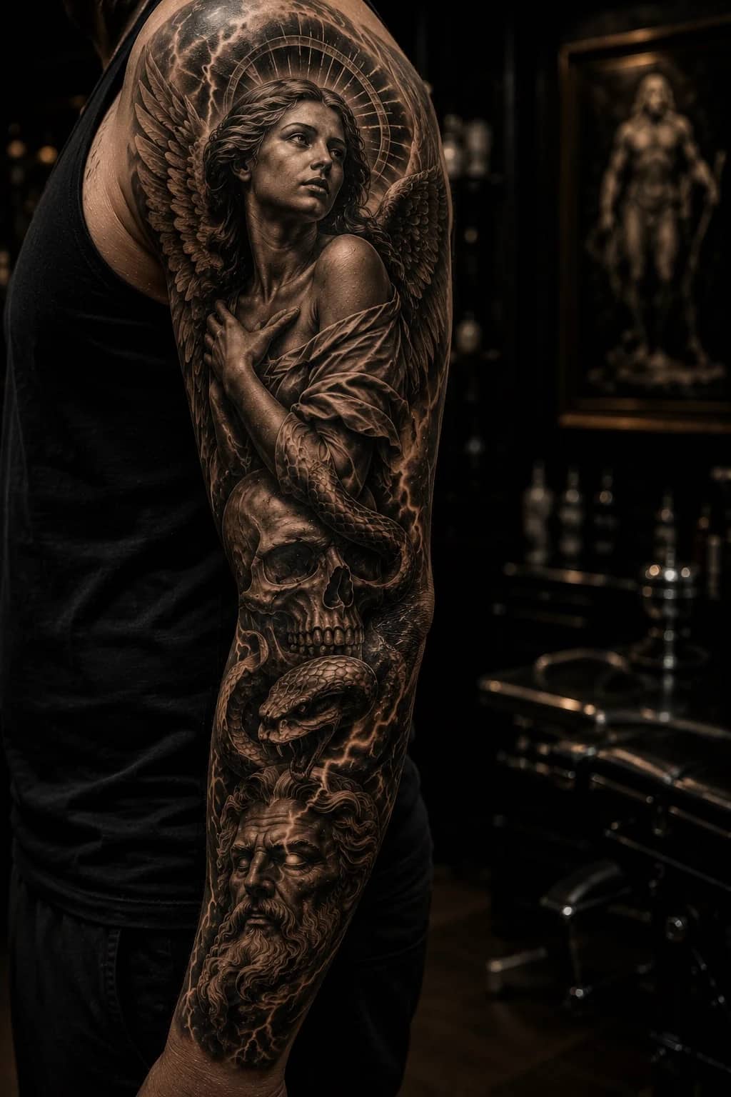 Black and grey realism sleeve with angel, skull, snake, and Greek god with lightning at Bloodline Tattoo Phuket